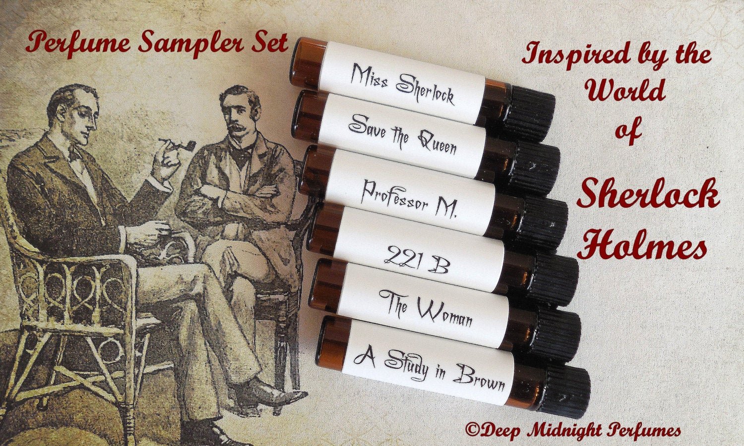 SHERLOCK HOLMES inspired PERFUME Sampler -  Set of Six  Sample Vials - Victorian Perfume